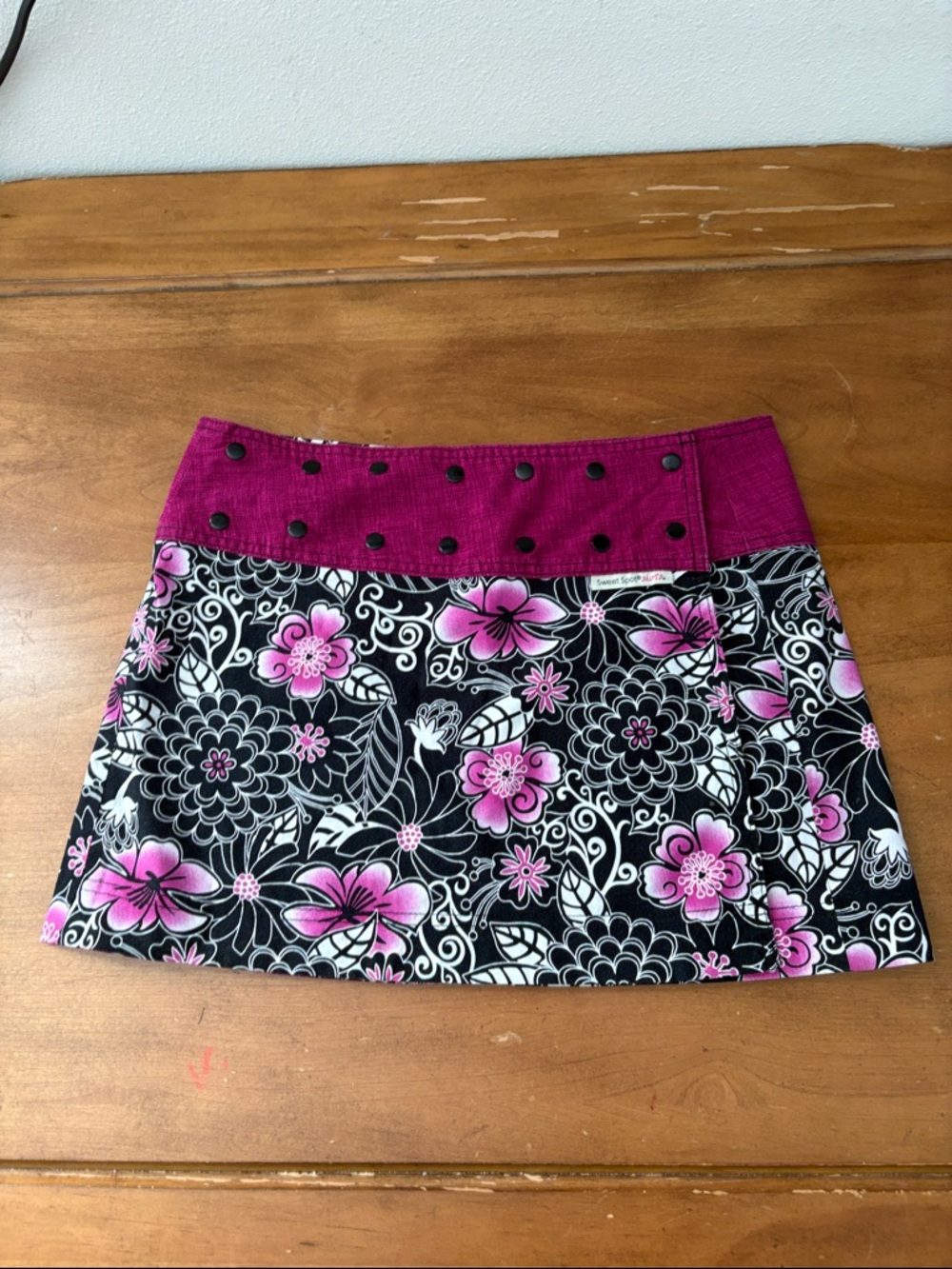 Sweet Spot Reversible Adjustable Floral Pink and Black Mini Skirt
